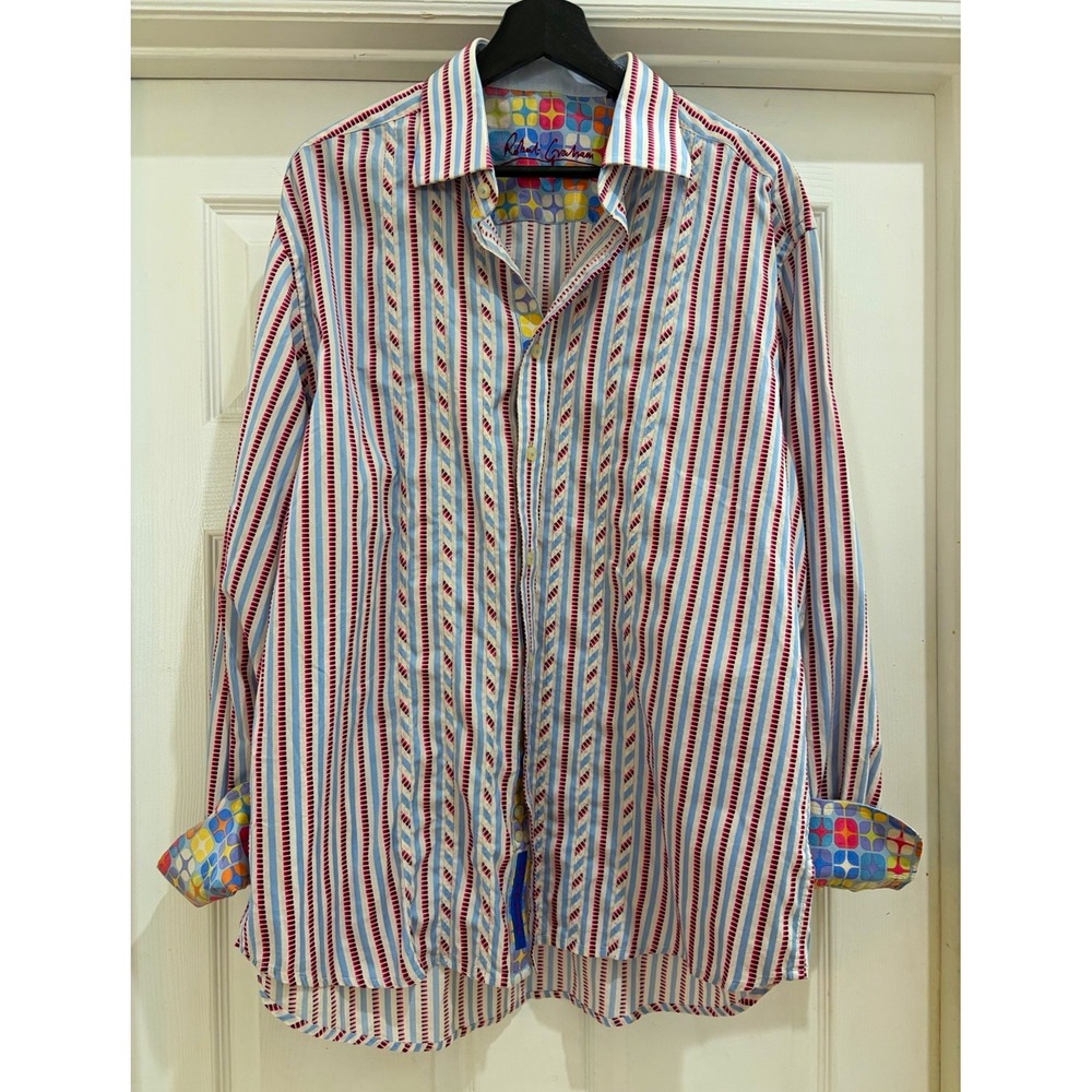 Robert Graham 2XL Striped Dress Shirt Blue/Red/White Long Sleeve Cotton Trim